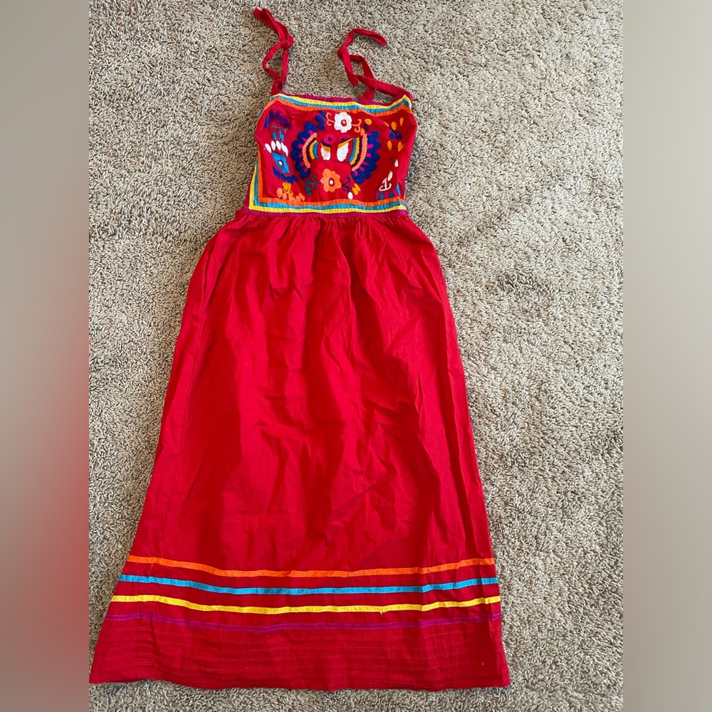 Vintage boho hippie Mexican embroidered peacock bird floral dress